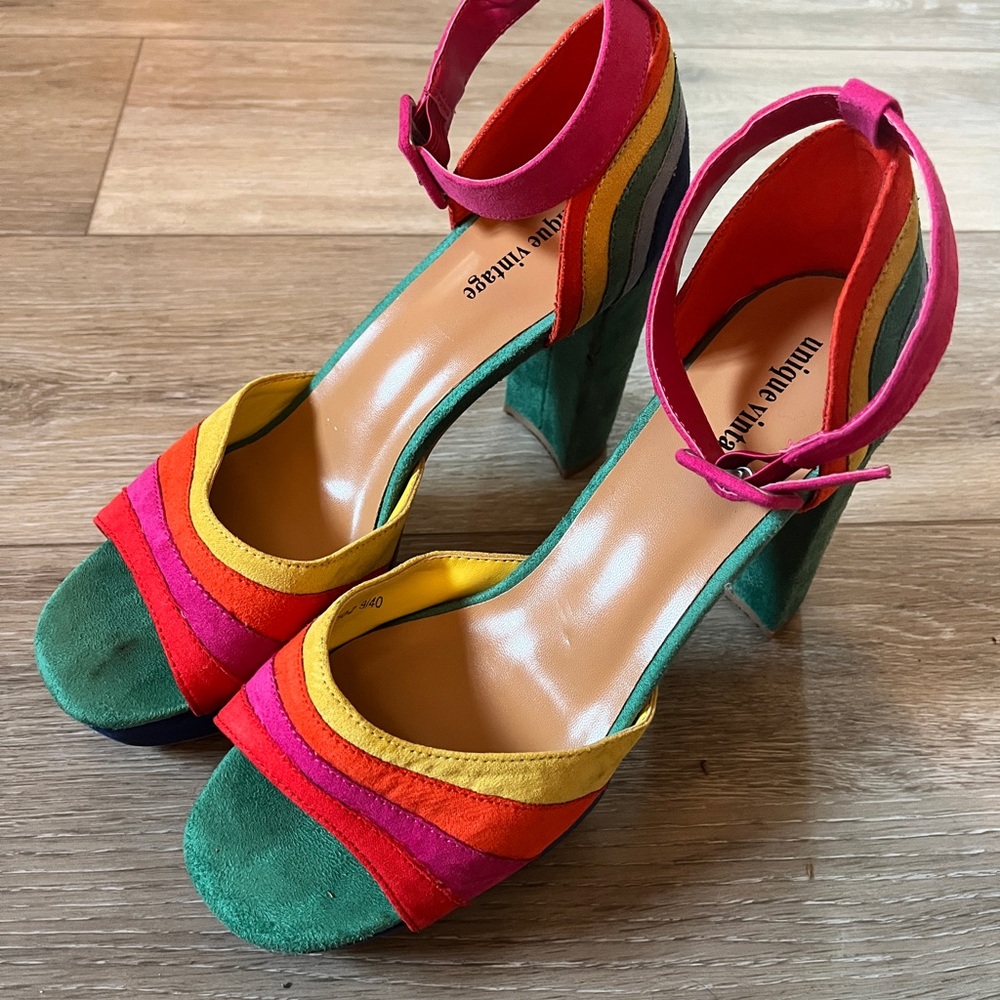 Unique Vintage Rainbow Suede Peep Toe Heel